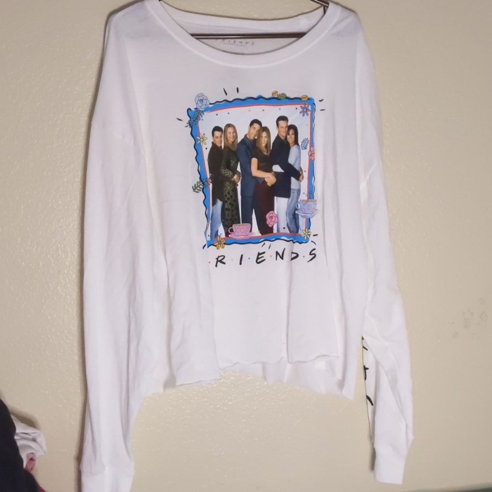 White long sleeve w/ friends cast with blue border
